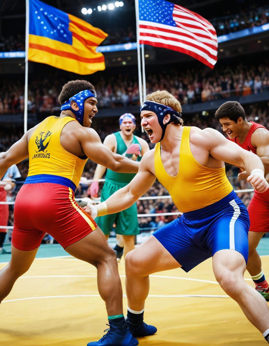 A lively wrestling tournament scene, depicting competitors in colorful gear joyfully engaging in combat, with spectators cheering excitedly in the background. Highlight the friendships forming through shared moments of encouragement and laughter among wrestlers, showcasing diverse participants from different cultures. The atmosphere is bright and cheerful, filled with banners and flags representing different teams. super-realistic. vibrant colors. dynamic action.