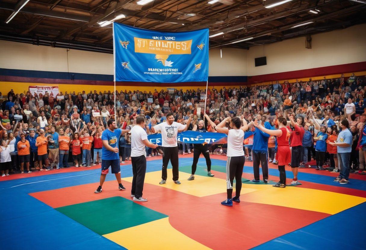 A vibrant wrestling scene with diverse athletes engaged in friendly competition on colorful mats. Surrounding them, a cheering crowd of different ages and backgrounds, holding signs of support and unity. The atmosphere is filled with energy and sportsmanship, with banners highlighting teamwork and respect. The background features a large community banner celebrating resilience and friendship. paint-style, vibrant colors.